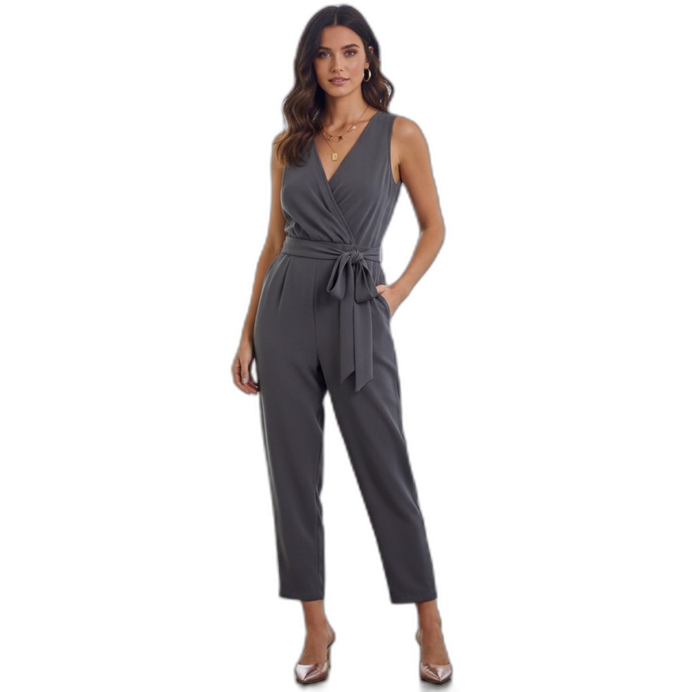 ASTR The Label Grey Sleeveless Wrap Jumpsuit With Front Tie Detail Size‎ M